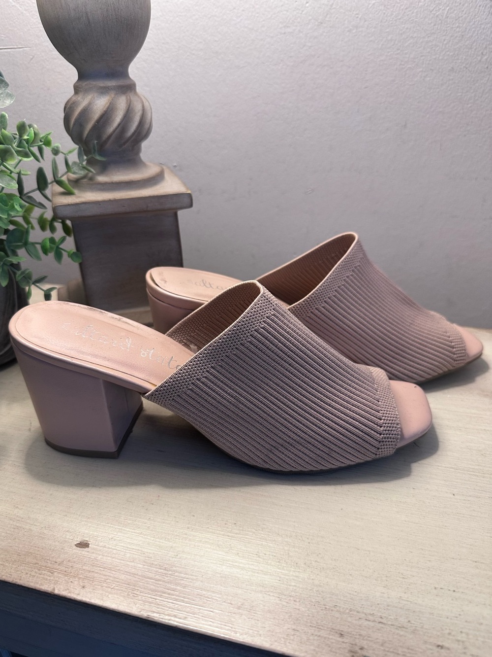 Altar'd State Blush Knit Open-Toe Block Heel Mules